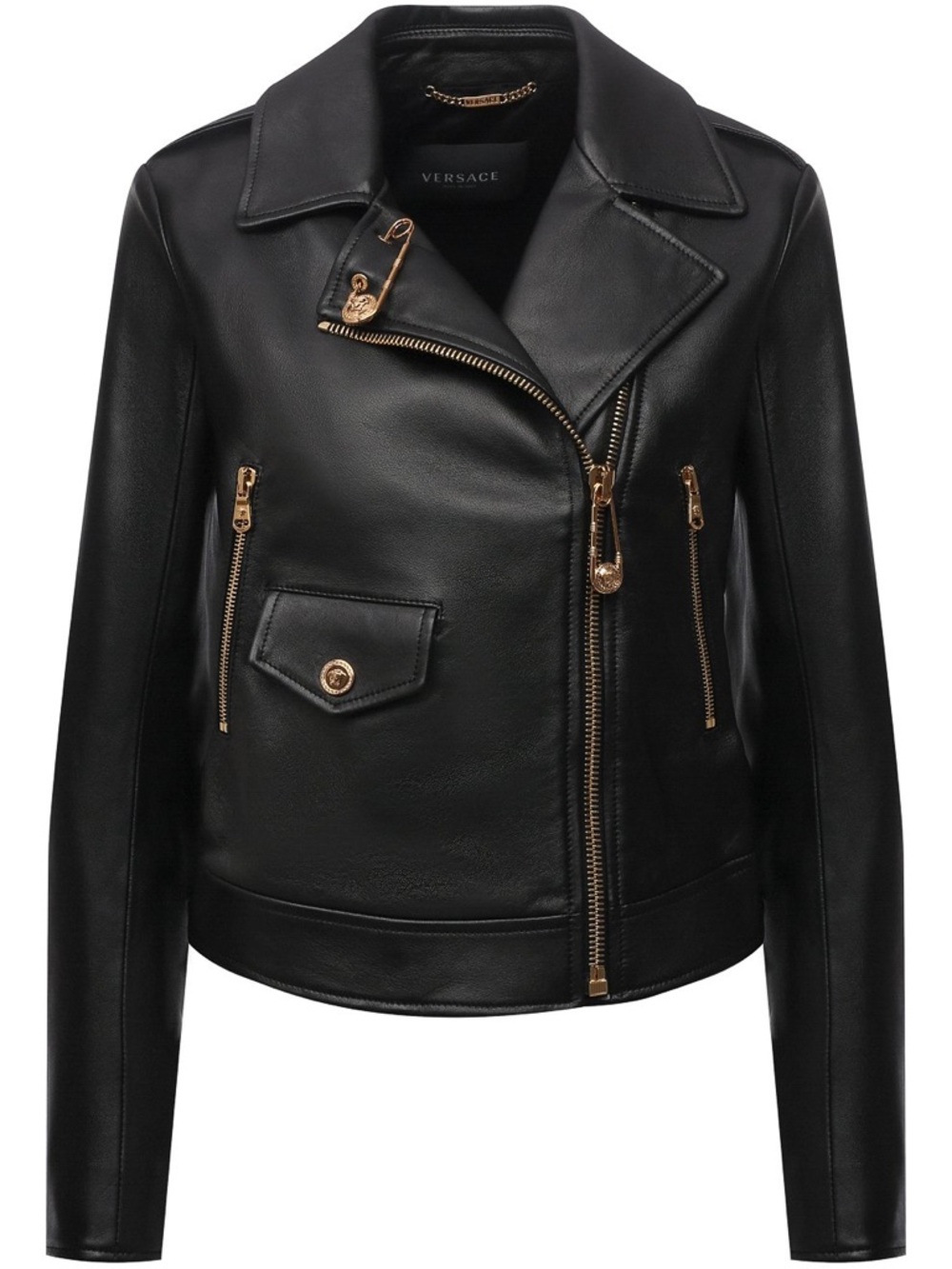 Versace Black Leather Biker Jacket with Gold-Tone Hardware
